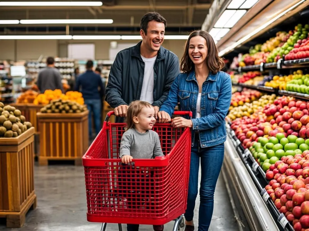Parent pushing a grocery cart down a bright supermarket produce aisle with a young child in the seat