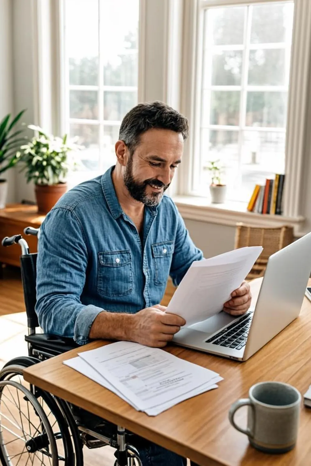 Applicant organizing disability award letters and benefit paperwork at a desk