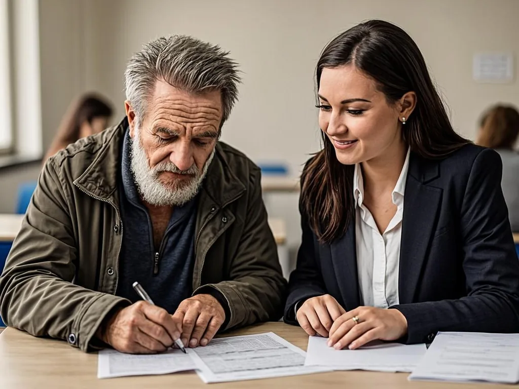 Outreach worker helping a homeless man complete SNAP application forms at a shelter table