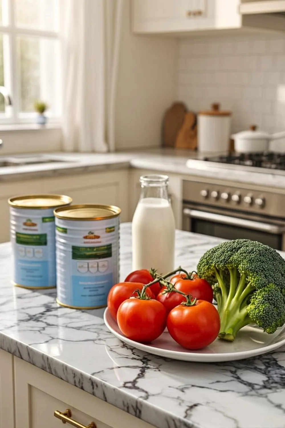 WIC and SNAP groceries including infant formula, produce, and cereal on a kitchen counter