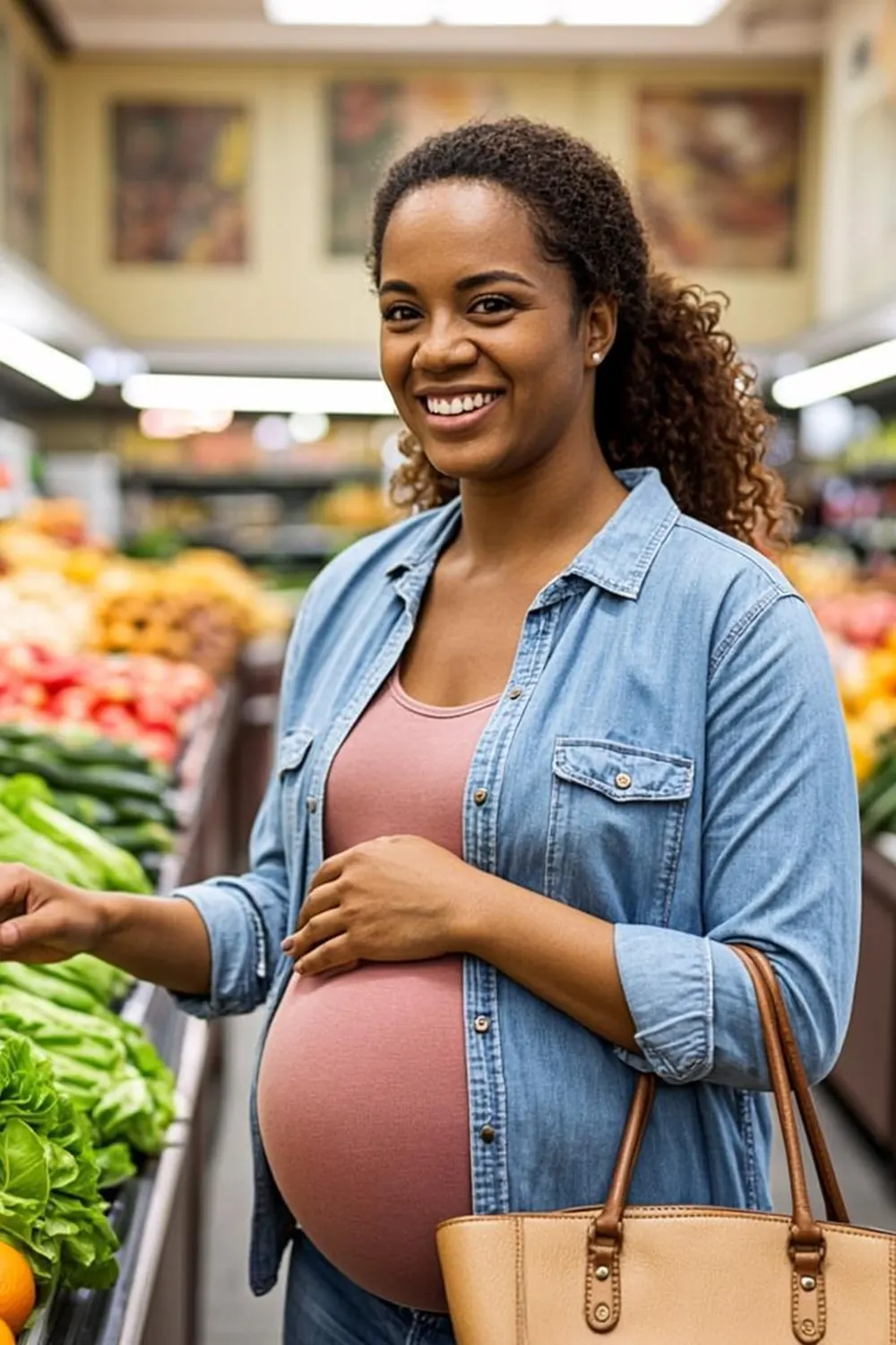 Pregnant woman comparing fresh produce while grocery shopping