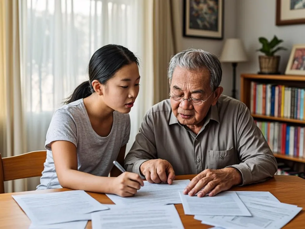 Adult child helping a senior parent complete benefit paperwork at home
