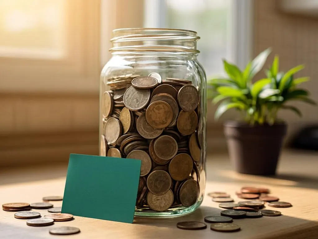 Glass jar filled with coins and folded bills sitting on a kitchen counter next to a green EBT card