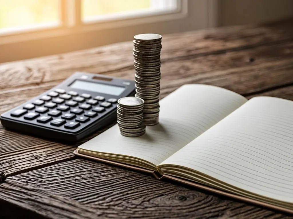 Calculator, notebook and two stacks of coins of different sizes arranged on a kitchen table for comparing household budgets