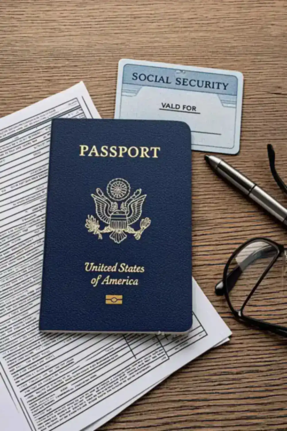 Immigration documents and paperwork organized for a benefits application