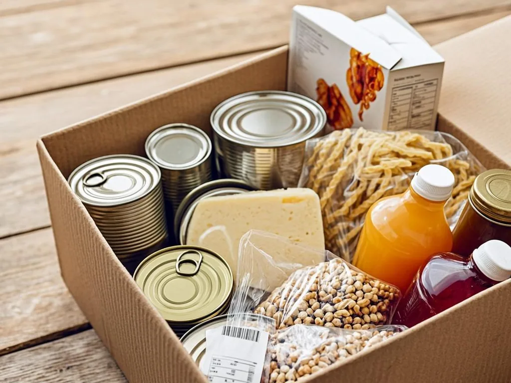 Monthly CSFP senior food box filled with canned goods, cereal, cheese, and juice