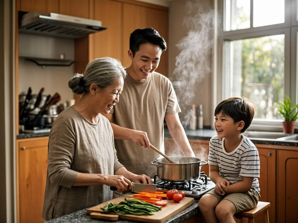 Multigenerational family cooking together in a warm home kitchen with grandmother, father and child