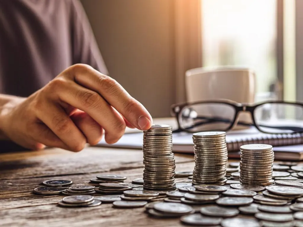 Hands stacking coins into two small towers on a wooden kitchen table beside reading glasses and a white mug