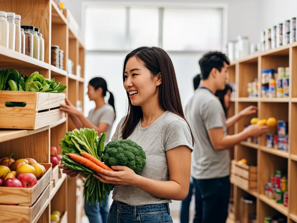 Student picking fresh produce at a campus food pantry shelf