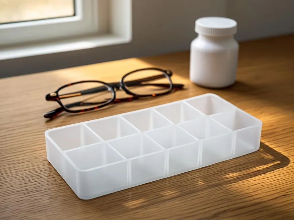 Weekly pill organizer, reading glasses and a blank prescription bottle on a wooden kitchen table