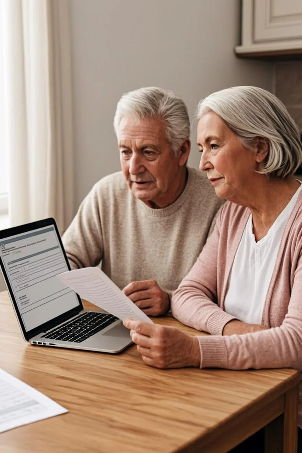 Elderly couple filling out a SNAP application together on a laptop at home