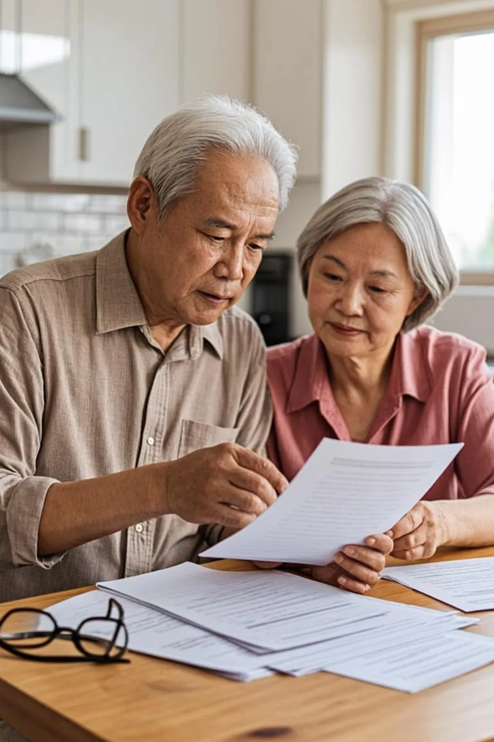 Senior couple reviewing medical bills and prescription receipts together at a kitchen table