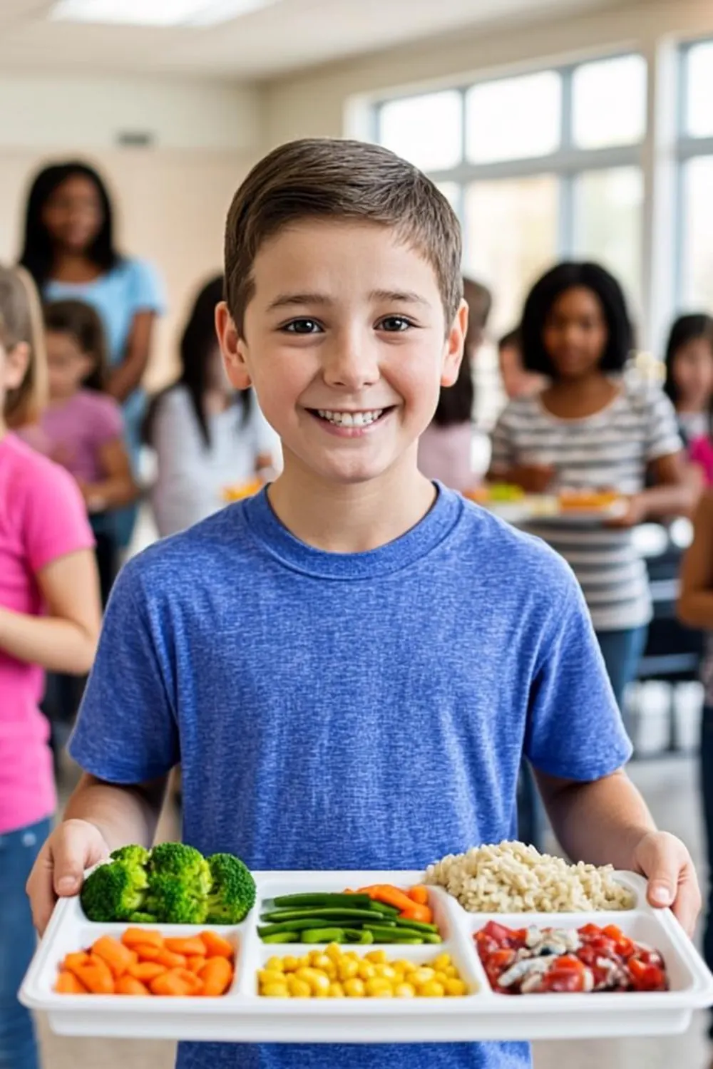 Student with a lunch tray going through a school cafeteria line