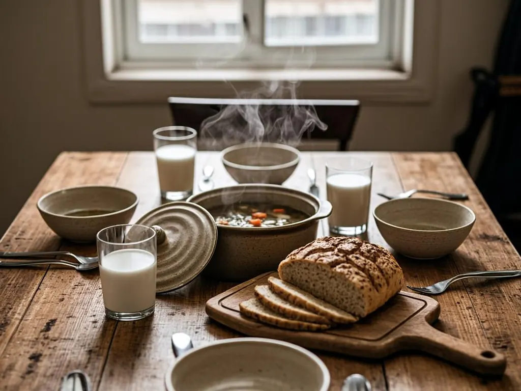 Family kitchen table set with a simple healthy dinner, vegetable soup, bread, and glasses of milk