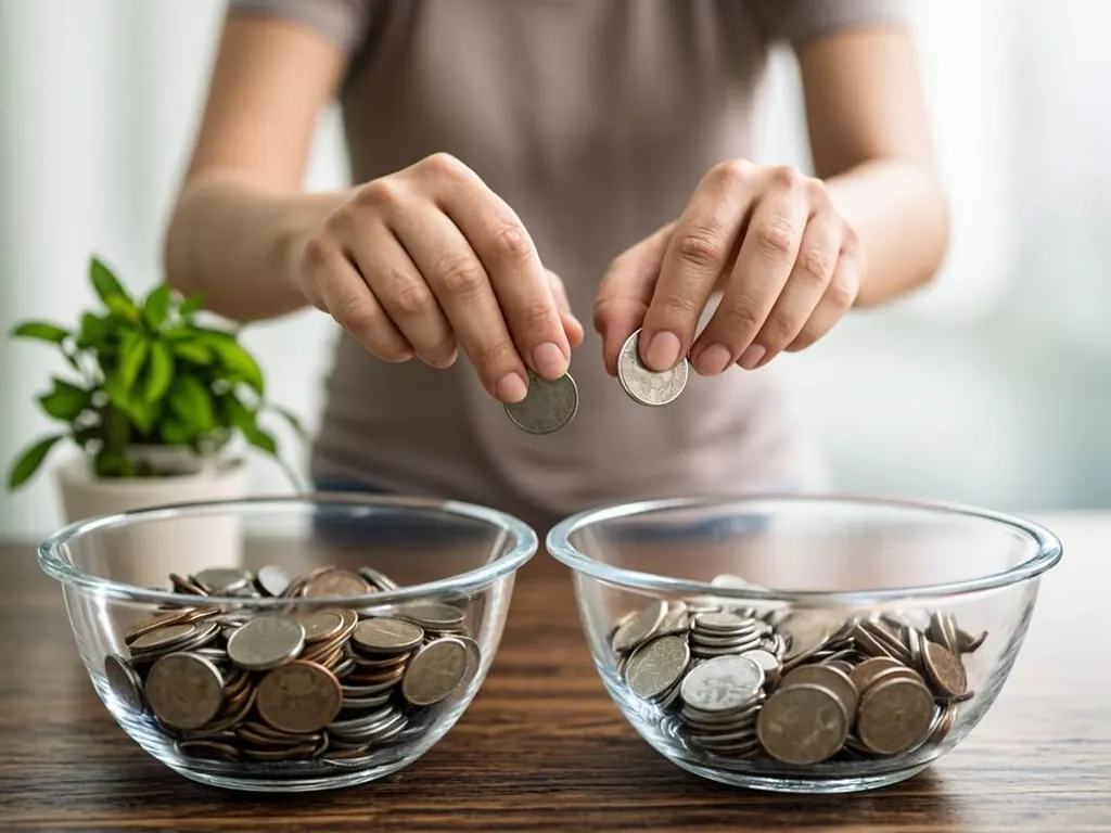 Hands sorting coins into two glass bowls of different sizes on a wooden kitchen table
