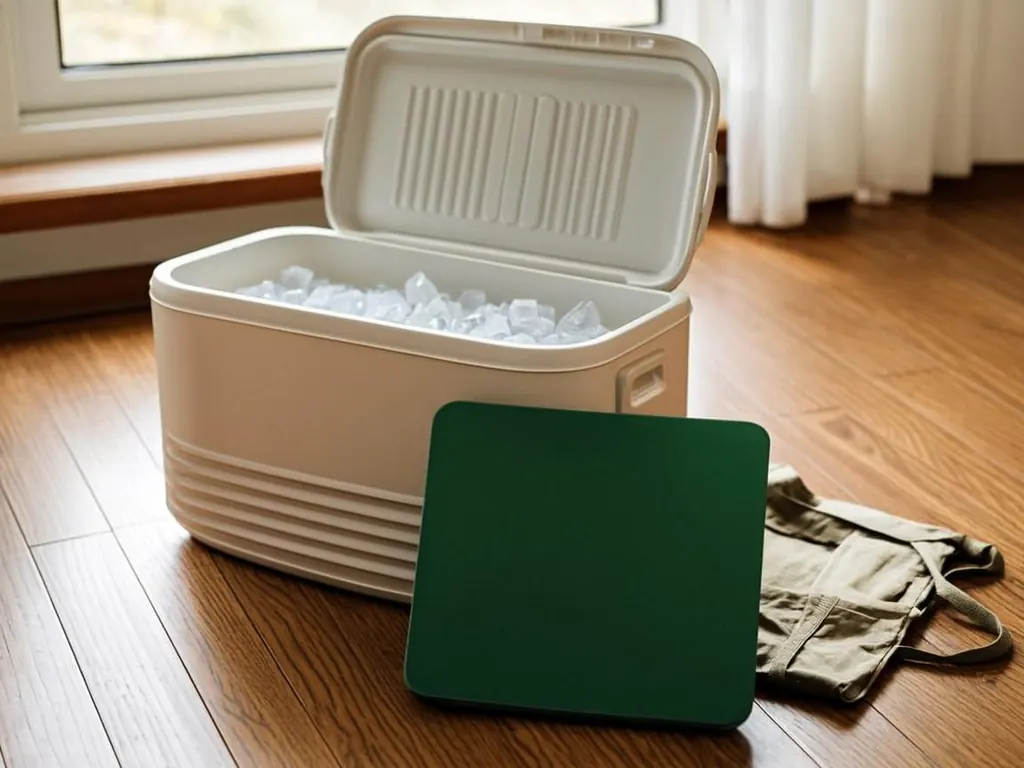Open cooler with ice packs on a kitchen floor next to a face-down green EBT card and a folded shopping bag