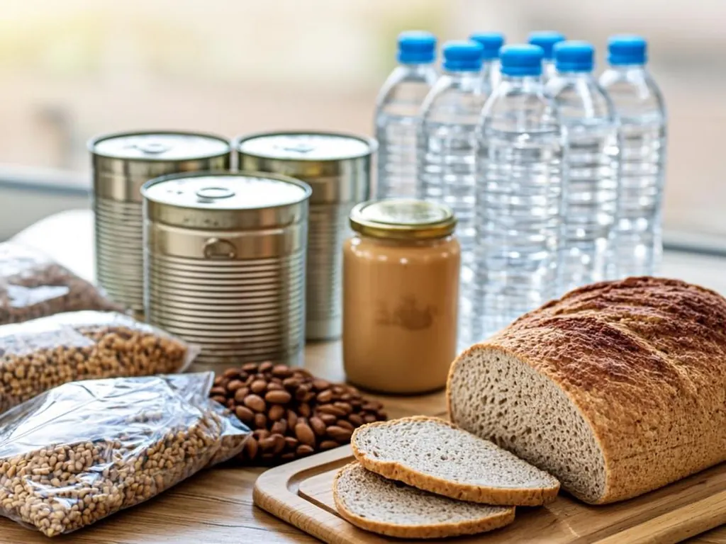 Kitchen counter stocked with plain cans, water bottles, peanut butter and bread as hurricane supplies