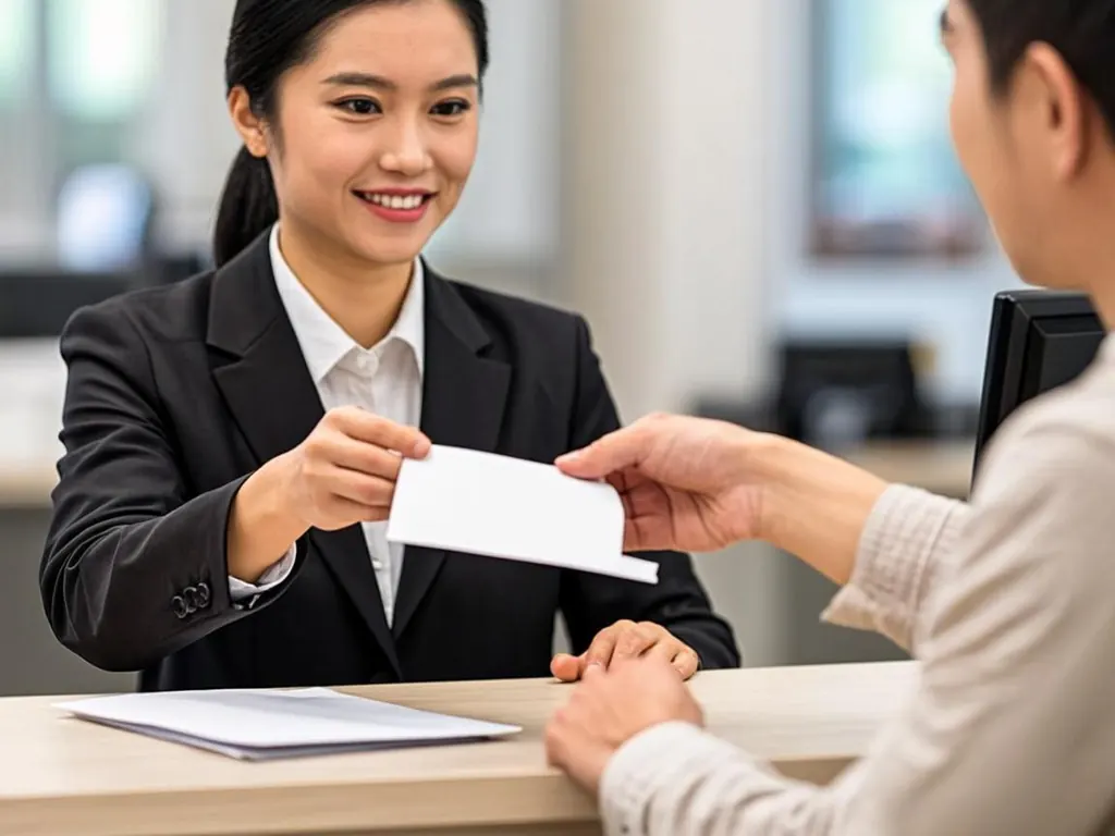Postal clerk handing a certified mail receipt to a person mailing a benefit application envelope