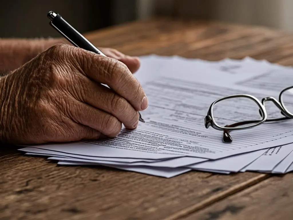 Person filling out a SNAP paper application form with documents and pay stubs beside them at a kitchen table