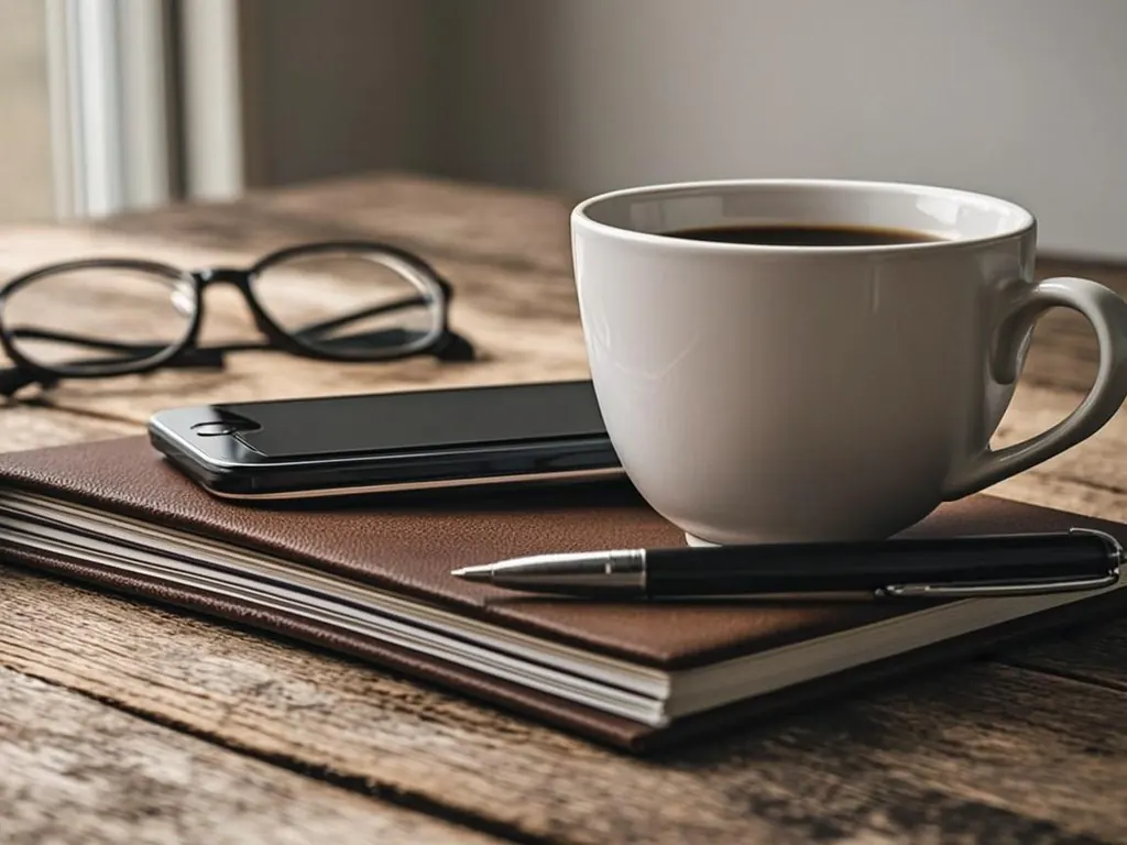 Smartphone propped against a mug beside a closed notebook and pen on a wooden table