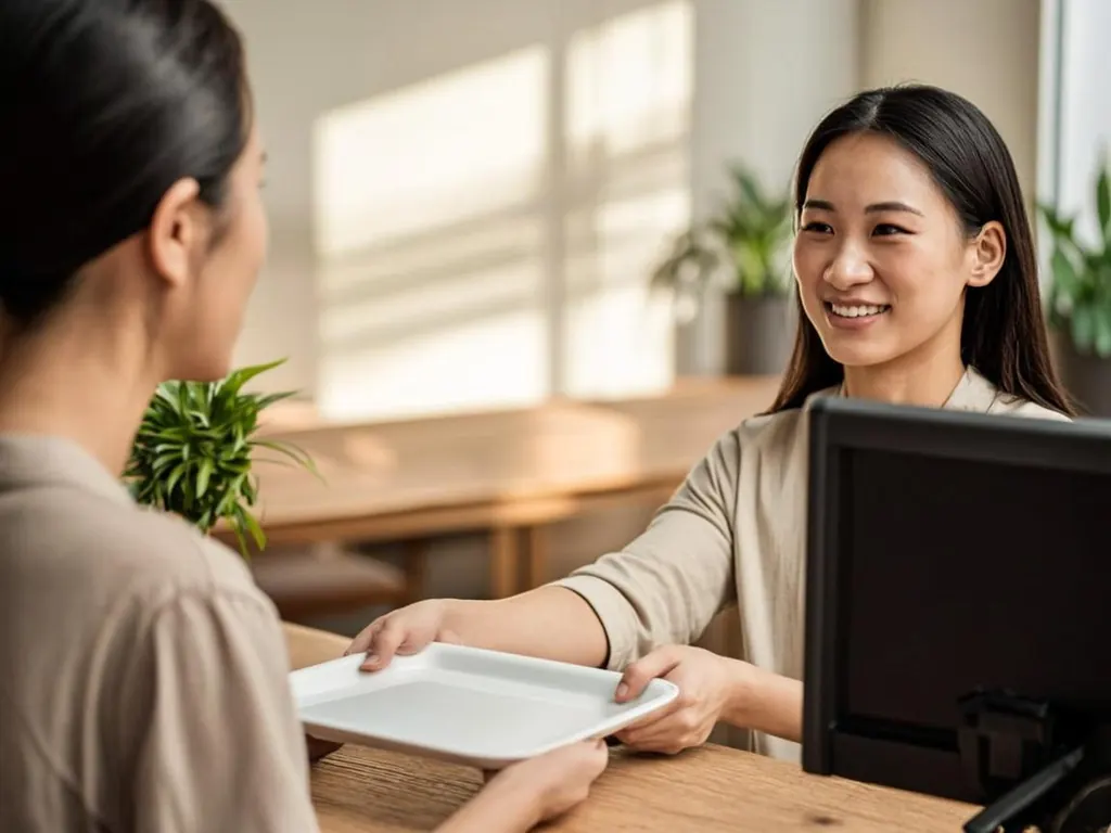 Staff member at a bright service office sliding an empty tray toward a visitor at the counter