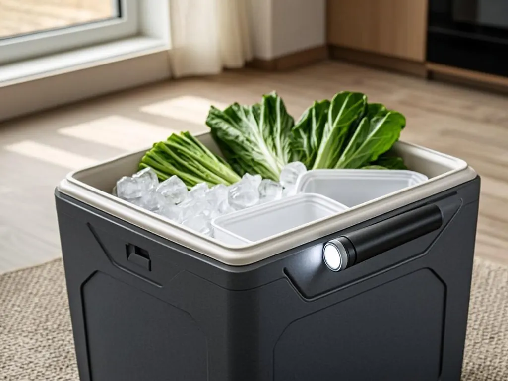 Cooler packed with ice bags and fresh food containers on a kitchen floor during a power outage