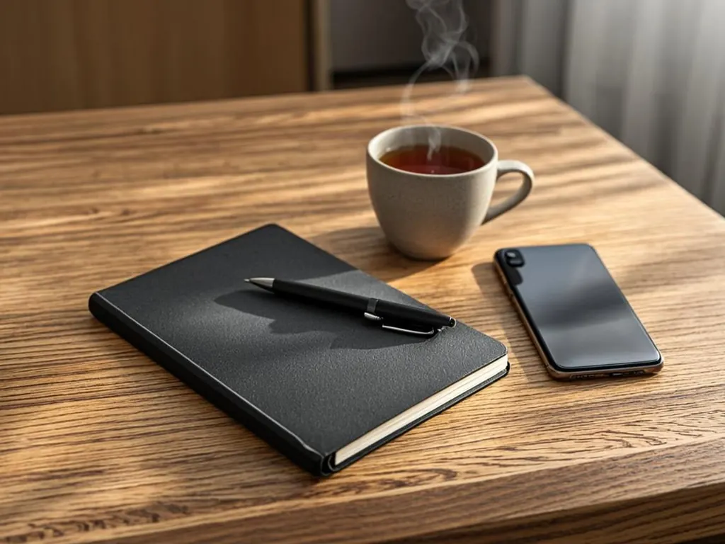 Closed notebook with a pen resting on top beside a face-down smartphone on a wooden kitchen table