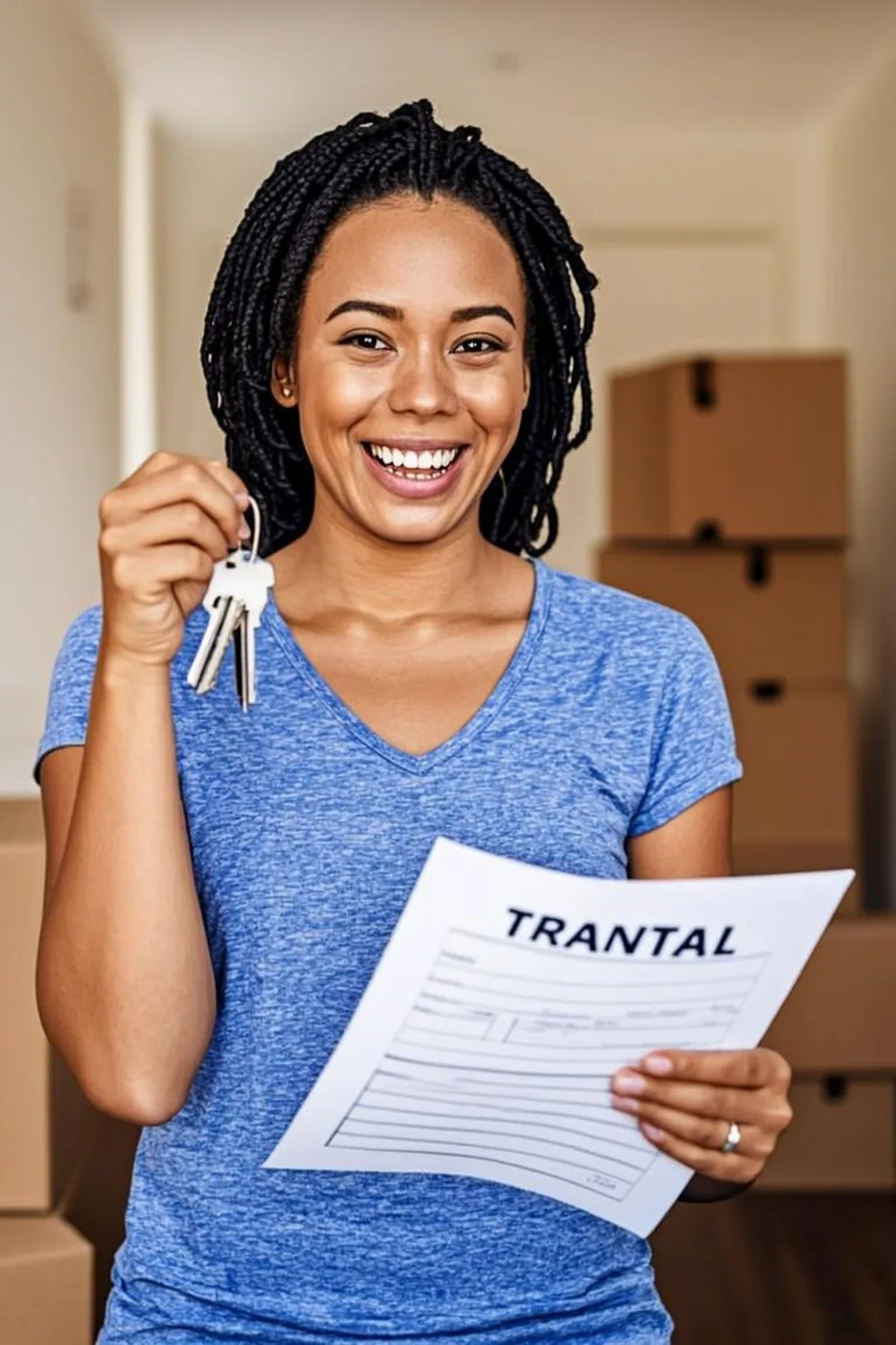 Tenant holding apartment keys and benefit paperwork at a new unit door