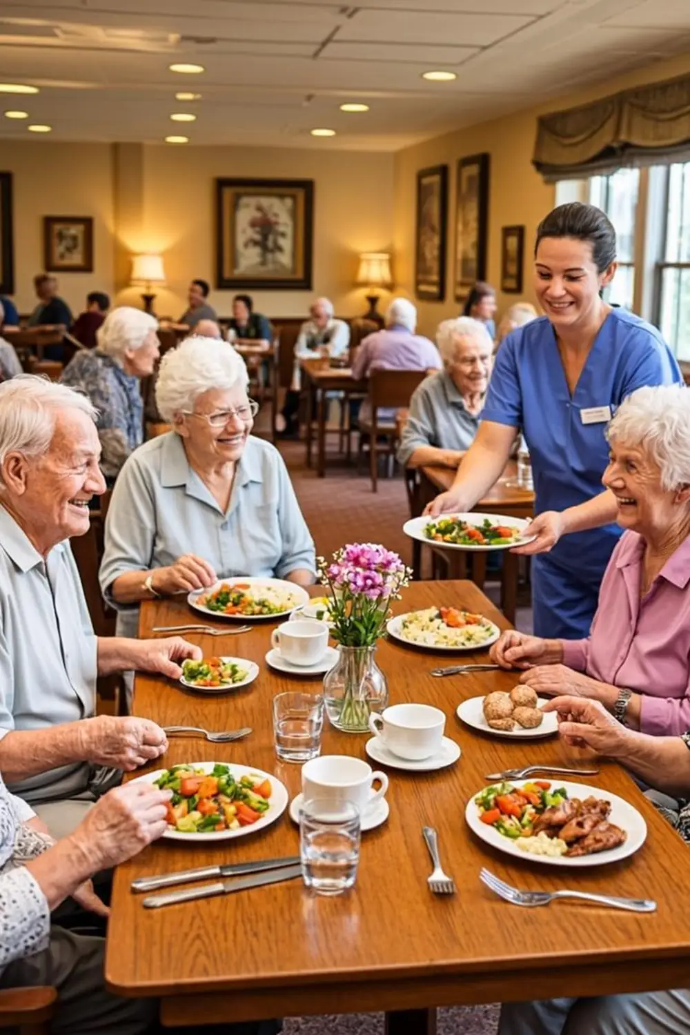 Senior residents enjoying independent meals in an assisted living community