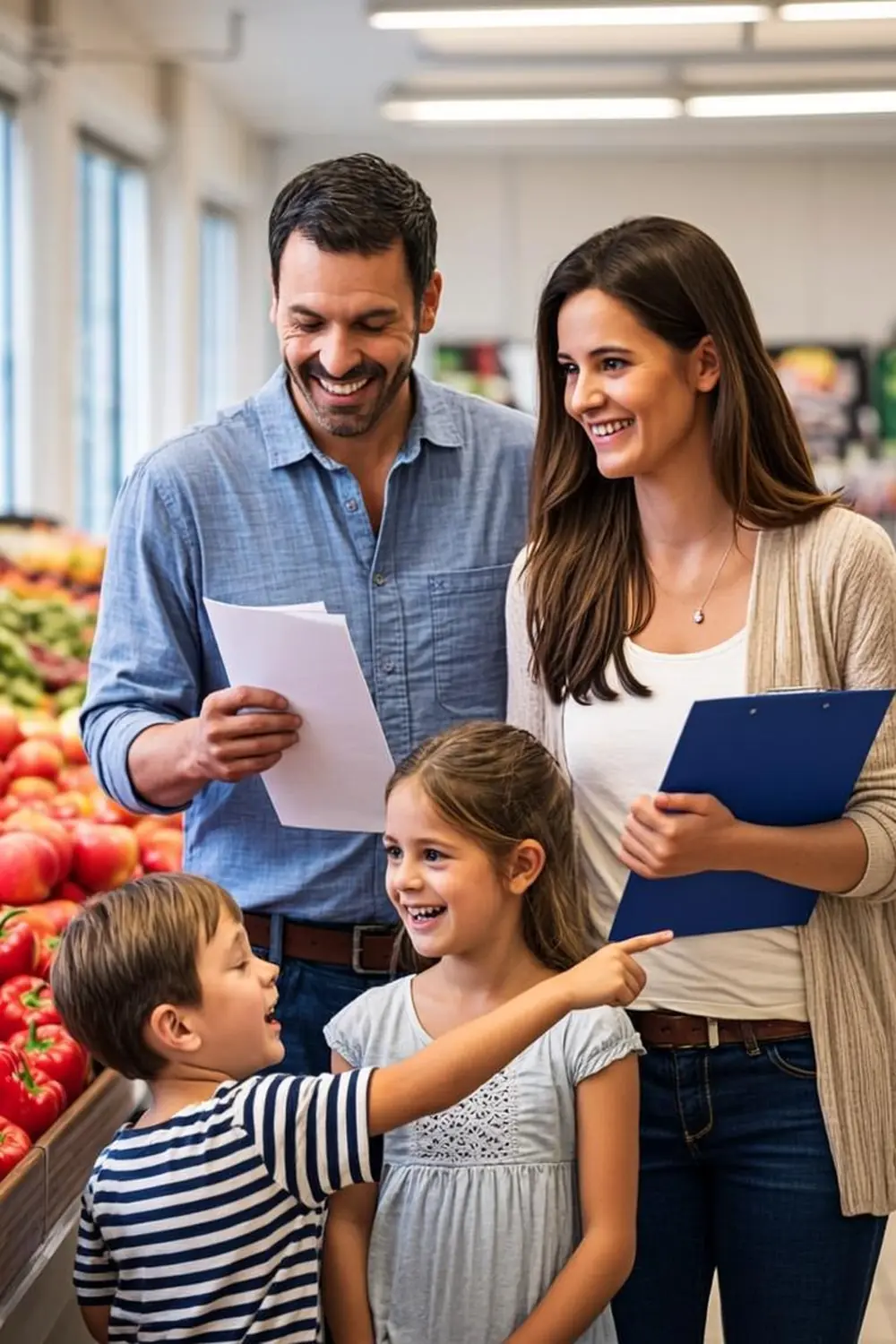 Parents and two children shopping for groceries together in a supermarket produce aisle