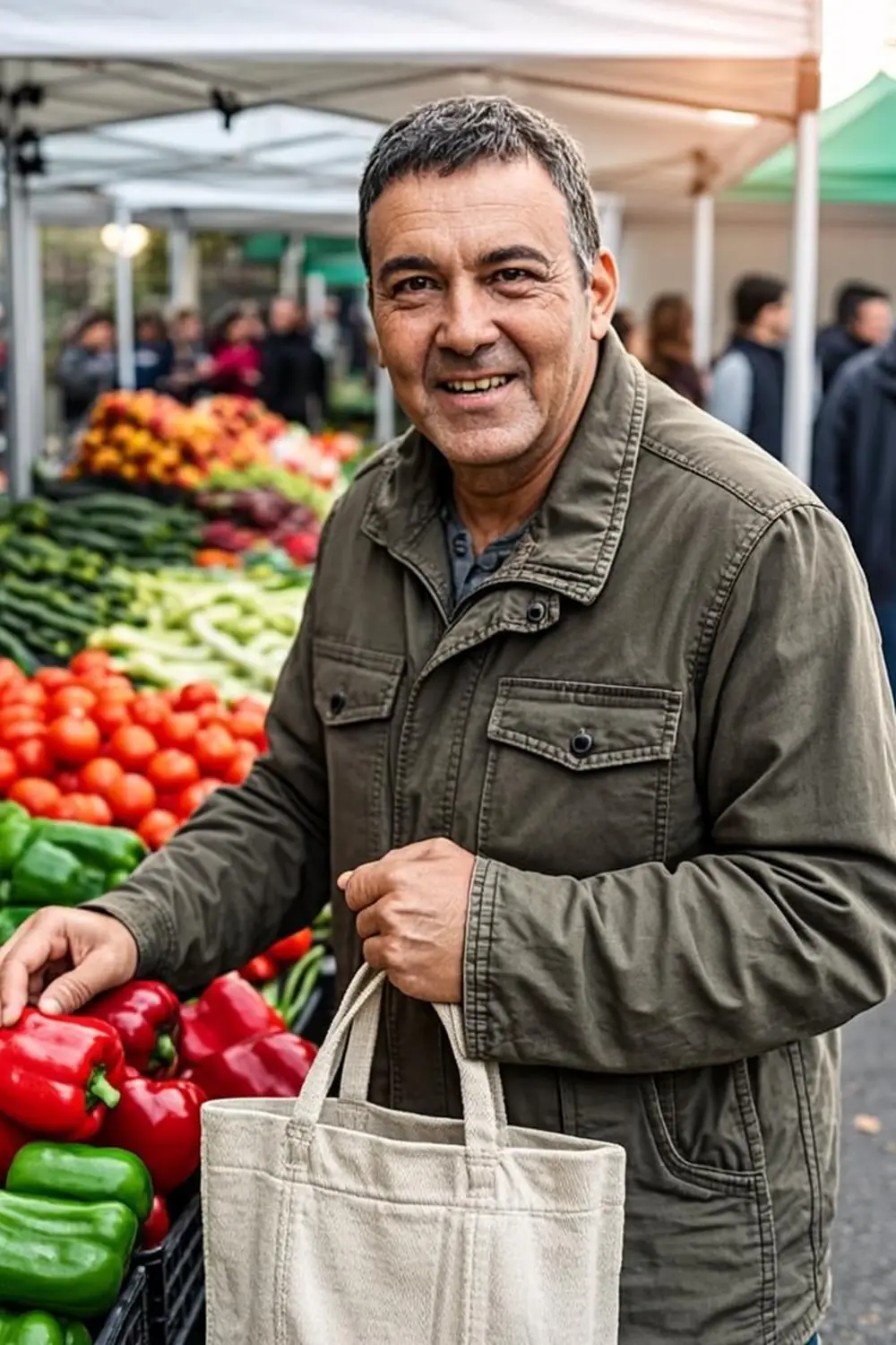 Veteran in a jacket selecting fresh vegetables at an outdoor farmers market stand