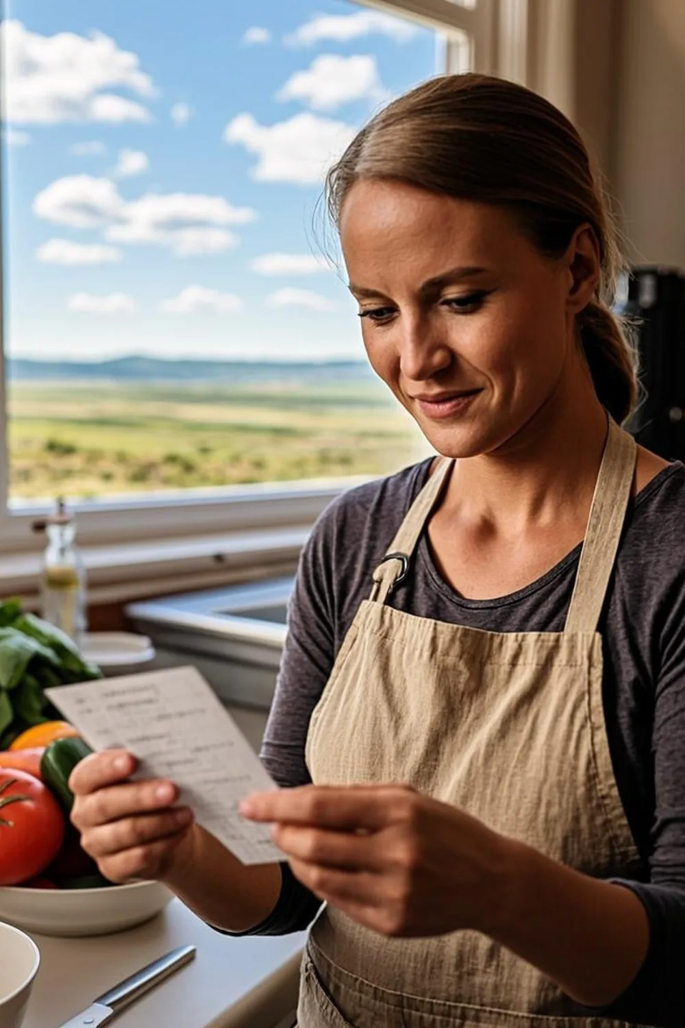 Sioux Falls school cafeteria worker reviewing SNAP budget and receipt in South Dakota kitchen