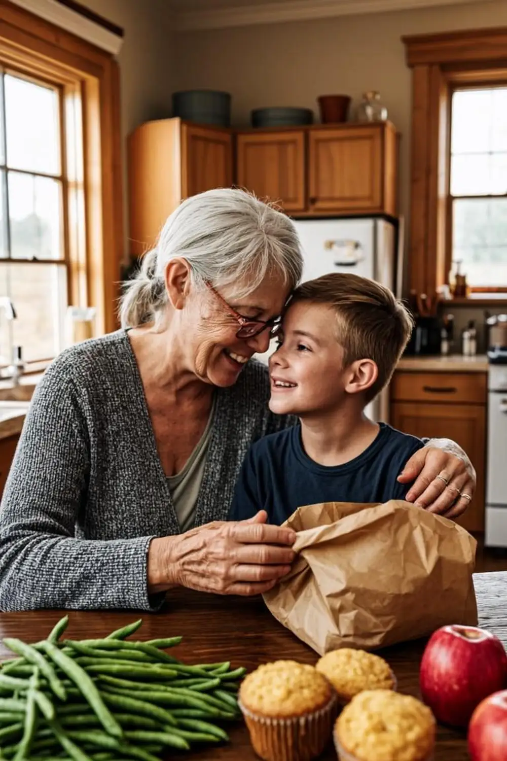 Tennessee grandmother and grandson unpacking fresh groceries together in their Nashville kitchen