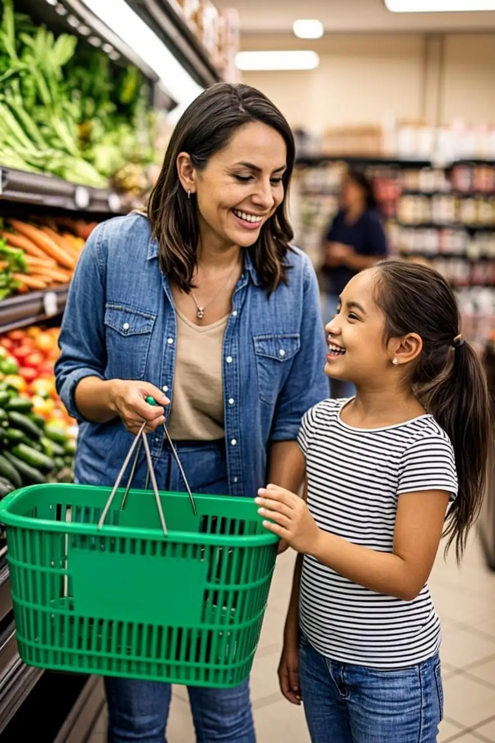 Hispanic American mother and her young daughter comparing vegetable prices with a green basket in a bright Texas grocery store aisle