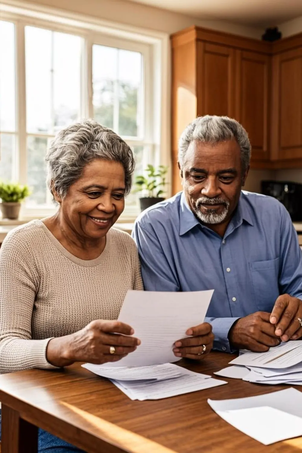Black American senior couple in a Texas kitchen reviewing a benefits letter and mail together in morning light