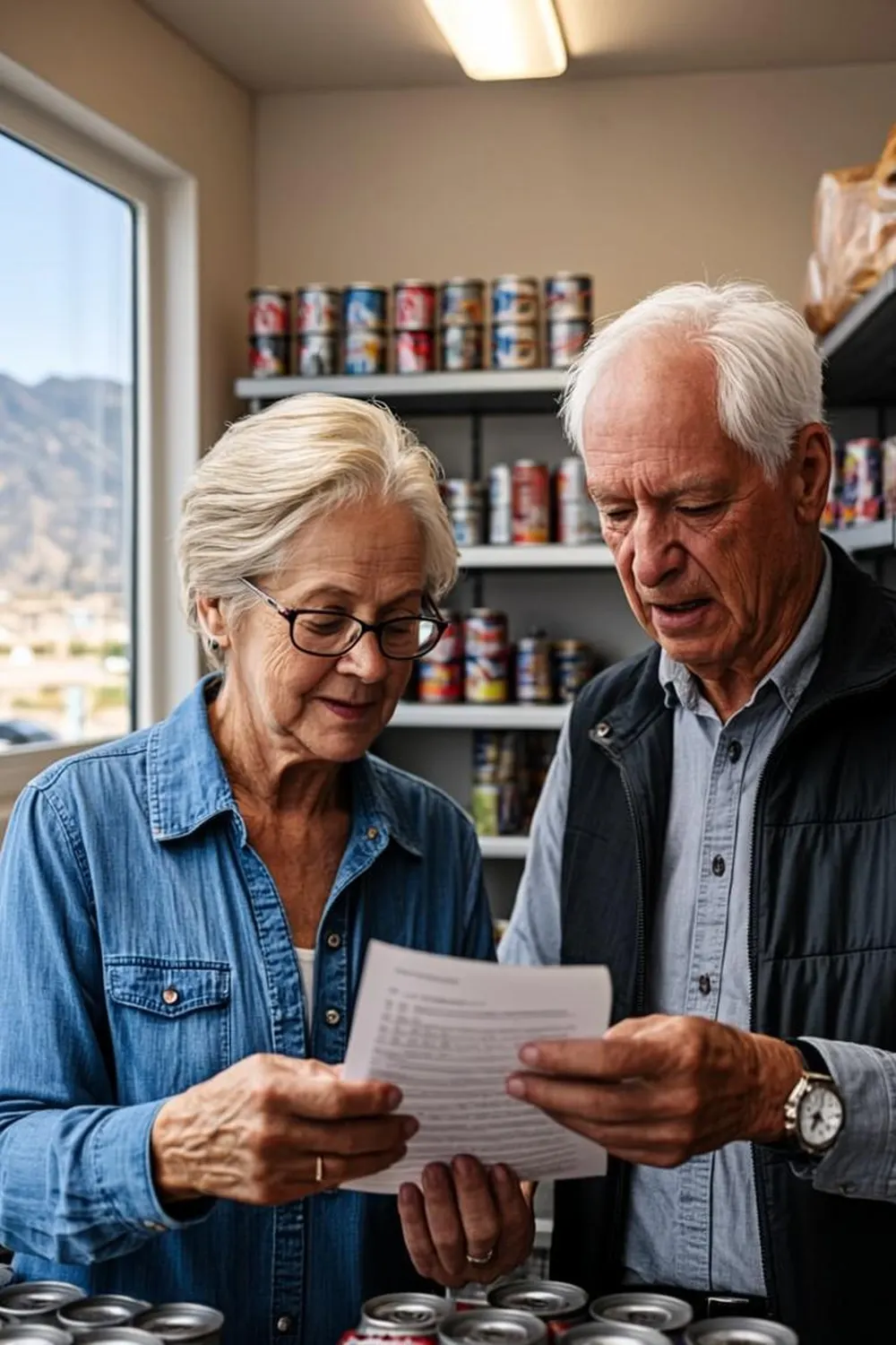 Salt Lake City senior couple reviewing their grocery budget together at a Utah food pantry