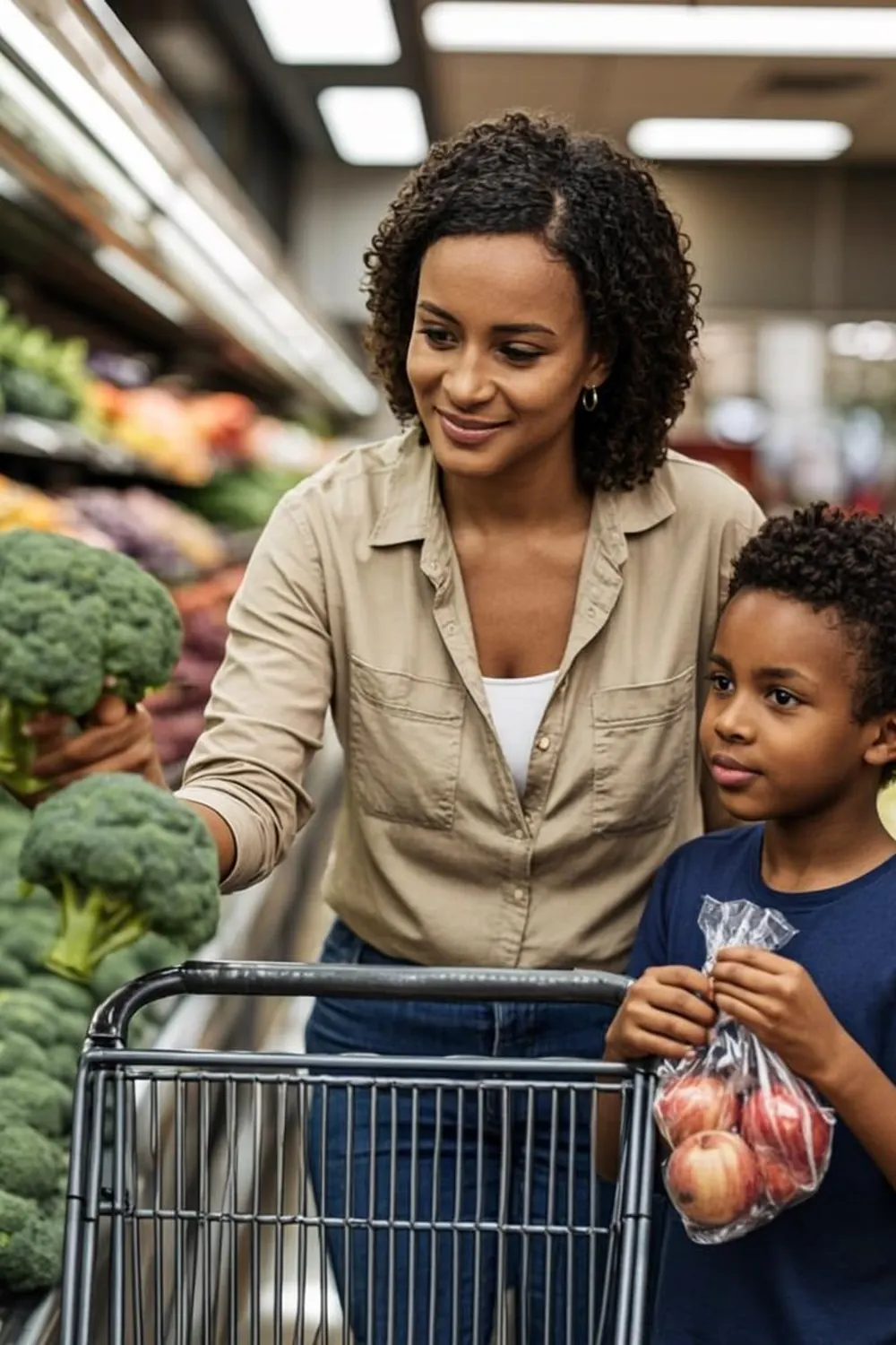 Virginia mother with her son selecting fresh vegetables in the produce aisle of a Richmond area grocery store