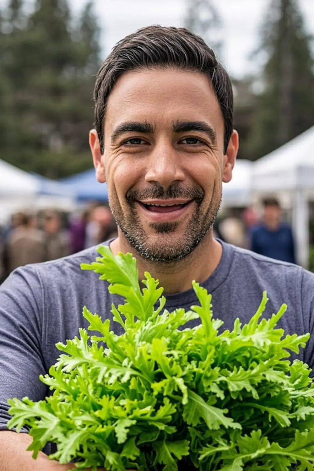 Spokane father comparing fresh vegetables at a Washington farmers market stand