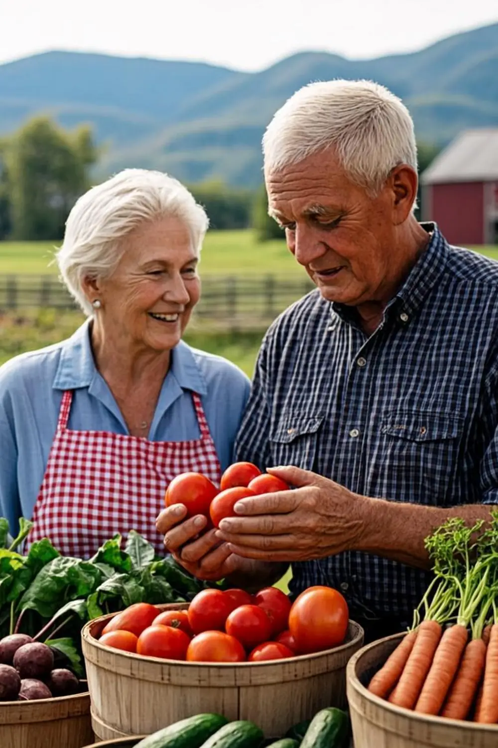 Appalachian senior couple shopping together at a small-town West Virginia farmers market produce stall