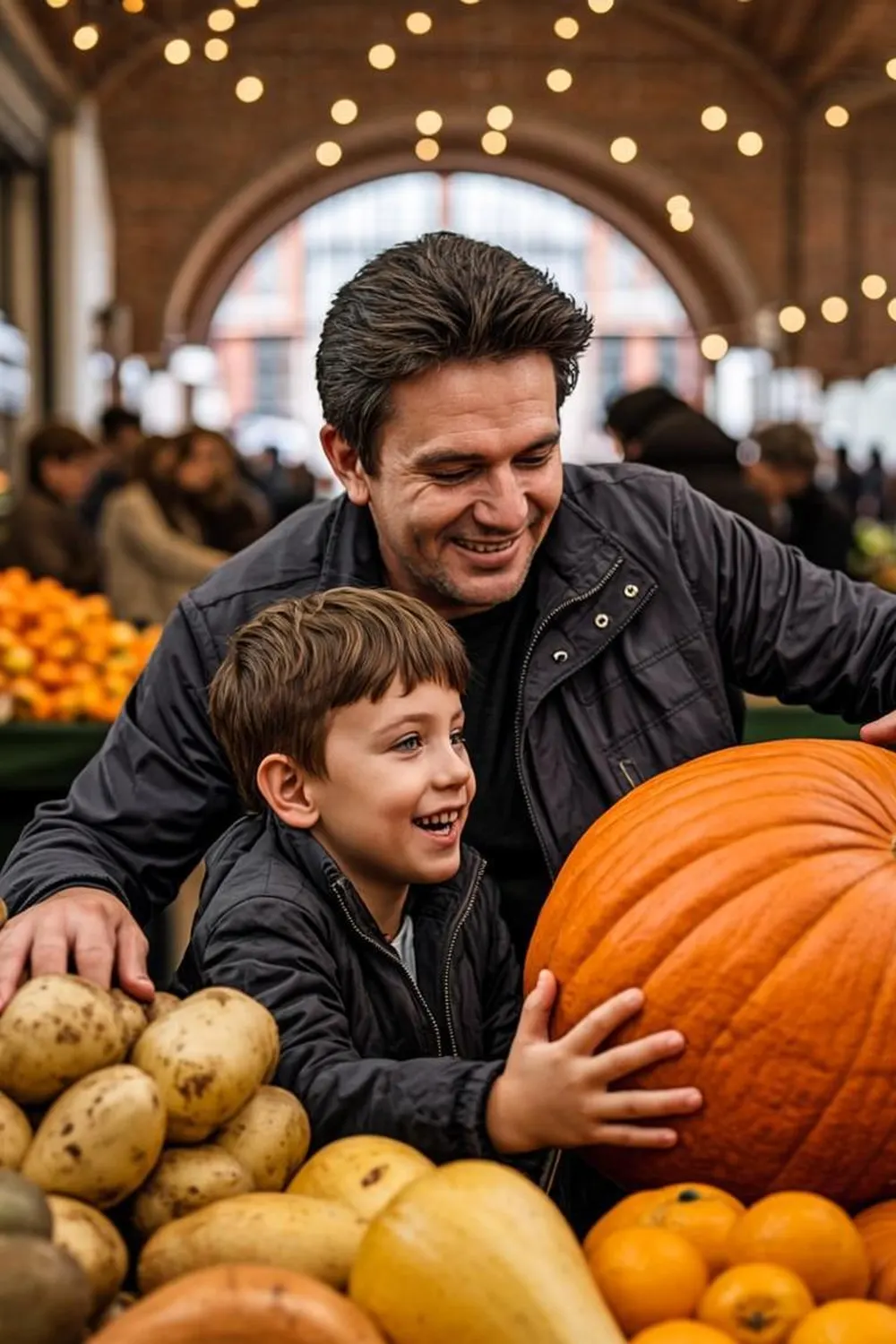 Milwaukee father and son choosing fresh vegetables at a Wisconsin winter market