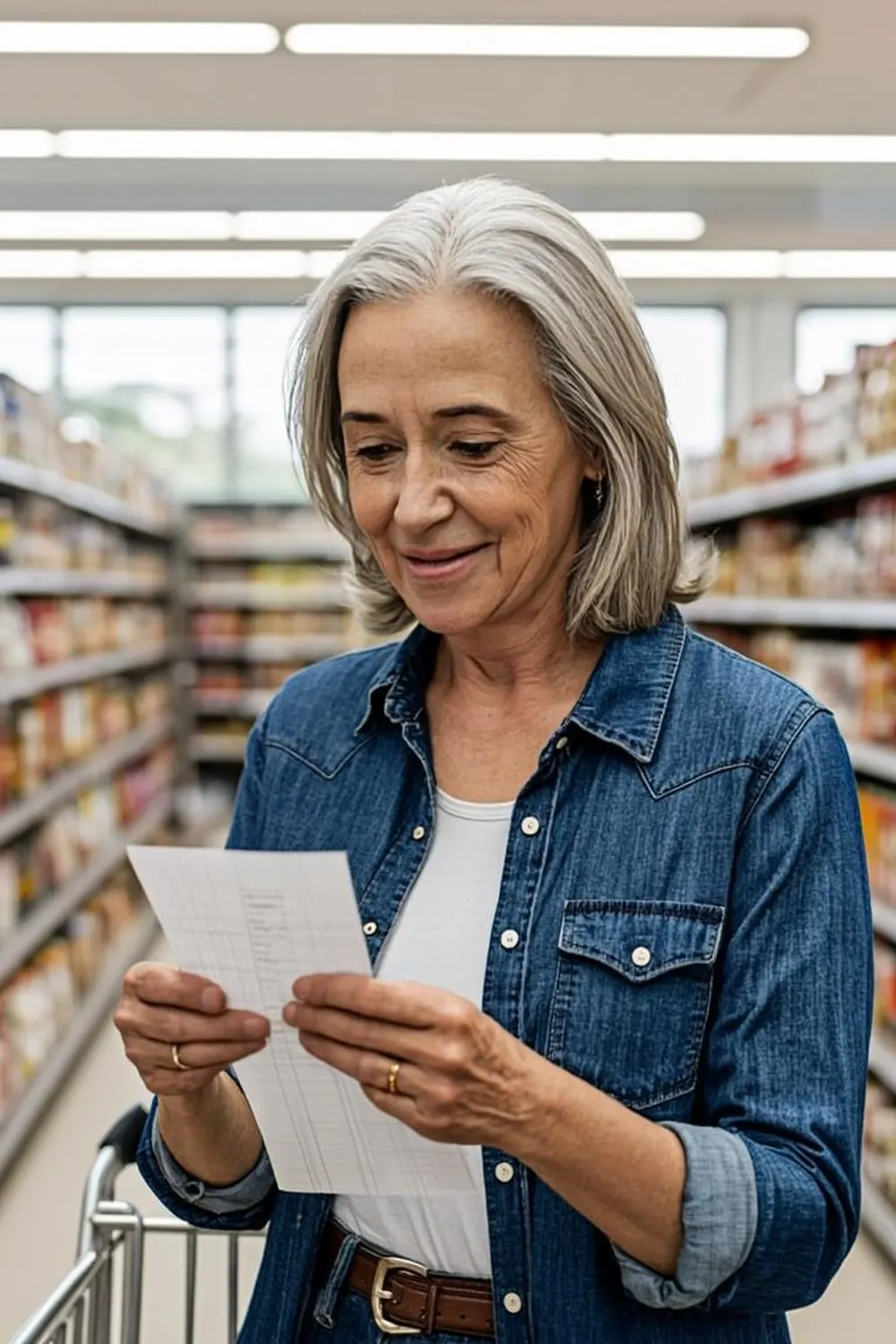 Casper senior woman checking her grocery receipt in a Wyoming supermarket aisle